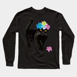 Black Cat with flower crown. Cat themed gifts for women and men Long Sleeve T-Shirt